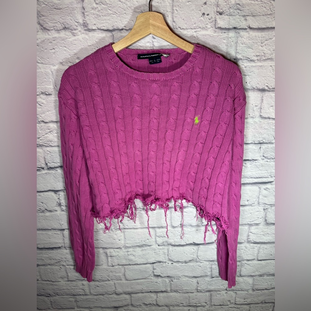 Ralph Lauren Sport Hand distressed &‎ cropped pink/purple sweater size large